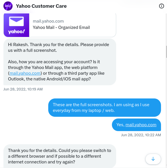 My interaction with Yahoo Customer Care