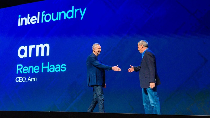 Stuart Pann (right), Intel senior vice president and general manager of Foundry Services, greets Rene Haas, CEO of Arm, at the Intel Foundry Direct Connect event on Wednesday, Feb. 21, 2024, in San Jose, California. (Credit: Intel Corporation)